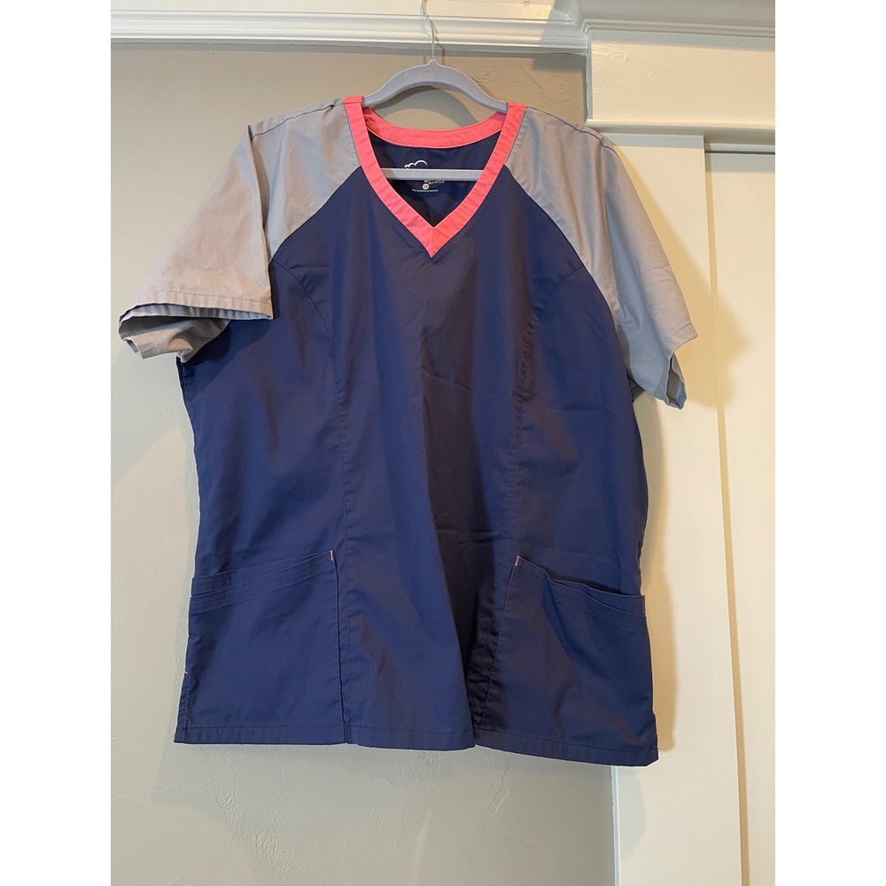 Butter-Soft Stretch Scrub Top Womens 2X Navy Grey Pink Colorblock V-Neck Pockets